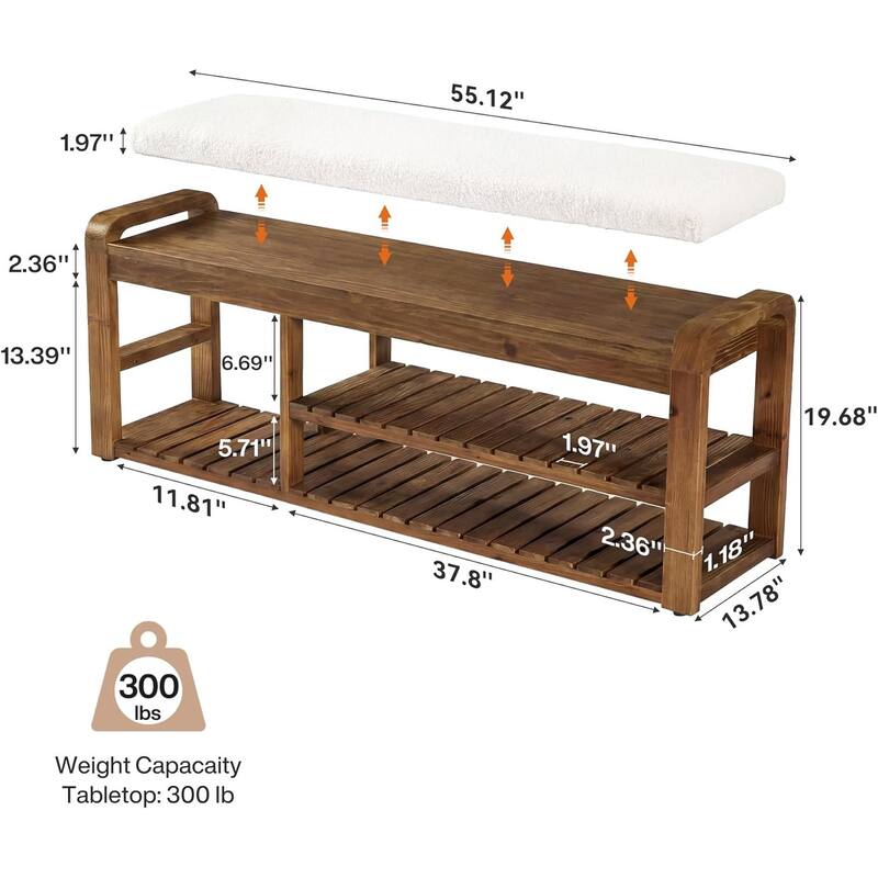55" Upholstered Bench/Shoe Rack, 3-Tier Solid Wood Entryway Shoe ...